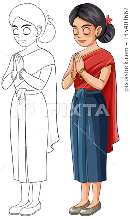 Traditional Woman in Thai Greeting Pose Vector Illustration 135401662