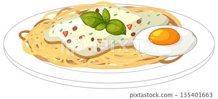 Vector Illustration of Spaghetti with Creamy Sauce and Fried Egg 135401663