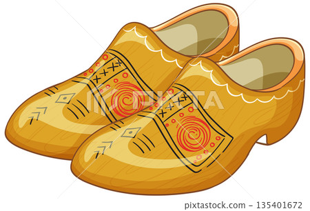 Traditional Dutch Wooden Clogs with Decorative Patterns 135401672