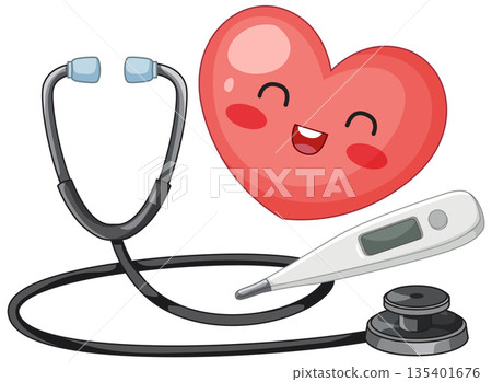 Cartoon Heart with Stethoscope and Digital Thermometer Medical Illustration 135401676