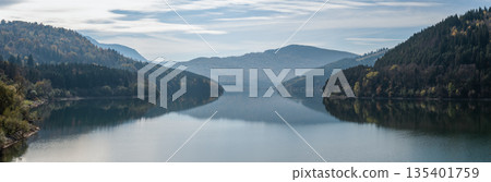 Peaceful Autumn Landscape Of Lake Izvorul Muntelui In Romanian Mountains Peaceful Autumn Landscape Of Lake Izvorul Muntelui In Romanian Mountains 135401759