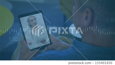 Man joining telehealth call on tablet in lounge, with earbud, stethoscope, clipboard and overlays 135401850