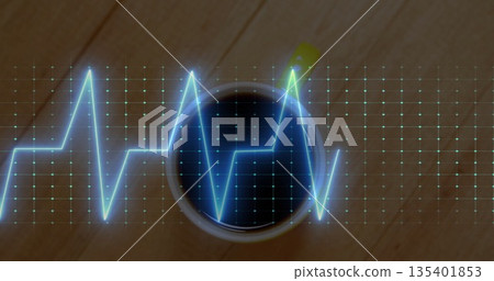 Featuring white coffee mug resting on cafe tabletop, with glowing blue digital grid, ECG waveform Featuring white coffee mug resting on cafe tabletop, with glowing blue digital grid, ECG waveform 135401853