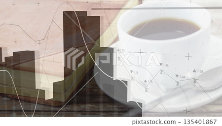 Sitting coffee cup on saucer atop workspace desk with overlaid bar and line charts, copy space 135401867