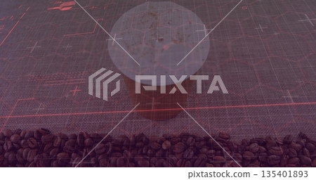 Resting disposable coffee cup showing frothy coffee on woven surface, beans, red grid overlay Resting disposable coffee cup showing frothy coffee on woven surface, beans, red grid overlay 135401893