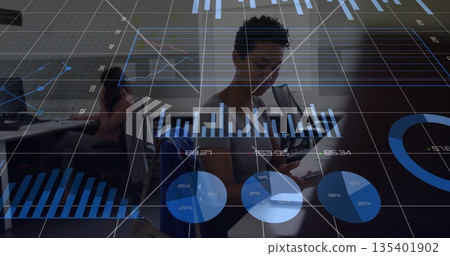 Data analyst woman analyzing floating bar, pie and line charts on smartphone in office, with graphs Data analyst woman analyzing floating bar, pie and line charts on smartphone in office, with graphs 135401902