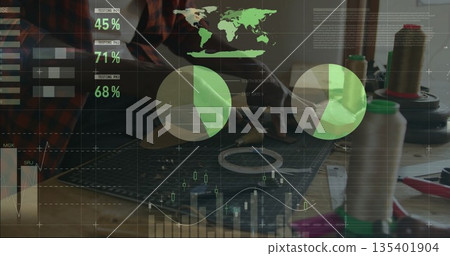 Trimming artisan cutting material with rotary cutter on grid mat at craft bench, data overlays 135401904