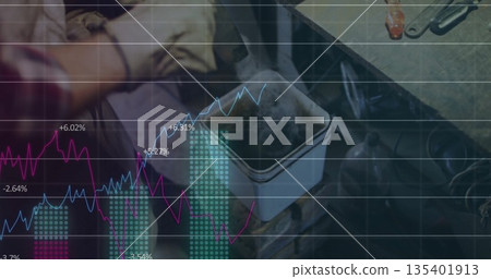 Showing cross-armed technician standing beside metal bench with springs, chart overlay, copy space 135401913