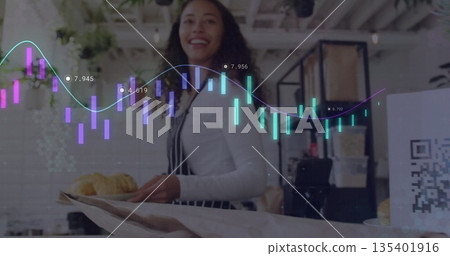 Barista in striped apron holding tray of croissants in cafe, with digital candlestick chart overlay Barista in striped apron holding tray of croissants in cafe, with digital candlestick chart overlay 135401916