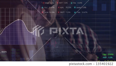 Studying stock trends, analyst wearing denim apron in lab with holographic screen displaying charts Studying stock trends, analyst wearing denim apron in lab with holographic screen displaying charts 135401922