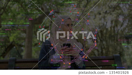 Sitting woman wearing hijab on bench in park holding smartphone, with network graph overlay Sitting woman wearing hijab on bench in park holding smartphone, with network graph overlay 135401926