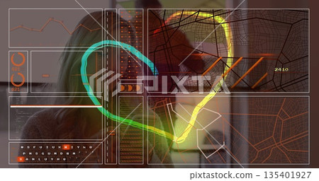 Analyzing technician wearing brown sweater examining translucent panels in tech lab, copy space 135401927