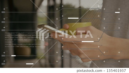Holding smartphone and yellow mug, gray-shirted man at corridor by mesh fence, overlay, copy space Holding smartphone and yellow mug, gray-shirted man at corridor by mesh fence, overlay, copy space 135401937