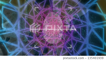 Intersecting fingerprint icon with horizontal scan line in security interface, with data nodes Intersecting fingerprint icon with horizontal scan line in security interface, with data nodes 135401939