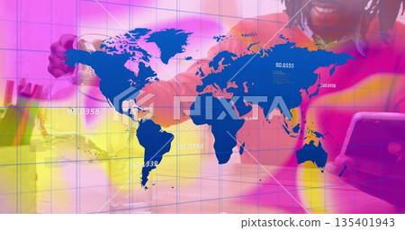 Holding mug, office professional analyzing tablet data at office desk, with world map overlay Holding mug, office professional analyzing tablet data at office desk, with world map overlay 135401943