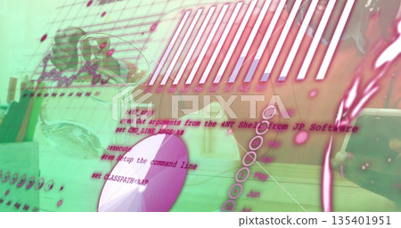 Displaying half-full water glass with ice cubes on desk, overlaid data charts in home office Displaying half-full water glass with ice cubes on desk, overlaid data charts in home office 135401951