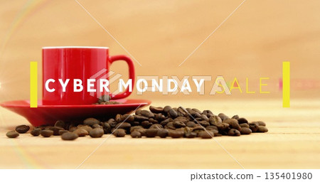 Red coffee mug on matching saucer, roasted beans sitting on tabletop, with CYBER MONDAY SALE text Red coffee mug on matching saucer, roasted beans sitting on tabletop, with CYBER MONDAY SALE text 135401980