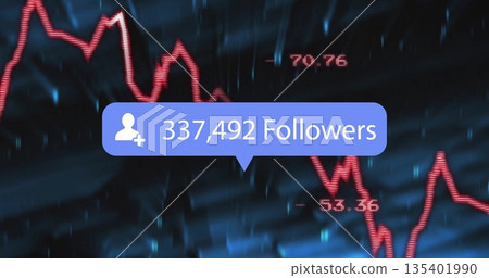 Displaying blue bubble with 337,492 Followers plus icon on UI, red line chart labels 70 135401990