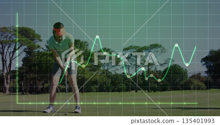 Lining up shot golfer on putting green, with club, ball, flag, analytics overlay, copy space 135401993