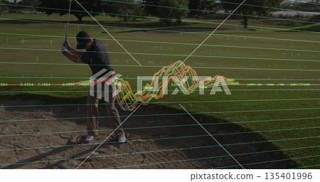 Golfer in polo shirt swinging club in bunker at golf course, overlaying grid data, copy space 135401996