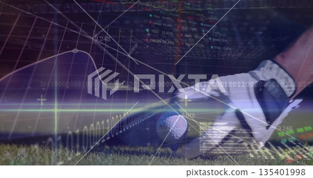 Positioning gloved hand gripping club head behind ball at golf tee, with financial graph overlays Positioning gloved hand gripping club head behind ball at golf tee, with financial graph overlays 135401998