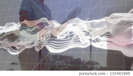 Standing golf partners in sportswear lining up clubs on fairway, with 3D grid and abstract waveform 135401999