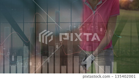 Gripping golf club, golfer with white glove aligning on course under candlestick bars, copy space 135402001