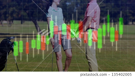 Smiling gloved golfers wearing polos holding clubs on fairway, golf bag, grid  and  candlestick over 135402005