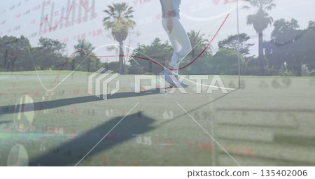 Standing woman golfer wearing white pants, shoes on putting green, with flagstick and chart overlay Standing woman golfer wearing white pants, shoes on putting green, with flagstick and chart overlay 135402006