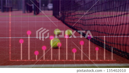 Overlaying grid and pink data points charting yellow tennis ball positions on red court, with net Overlaying grid and pink data points charting yellow tennis ball positions on red court, with net 135402010