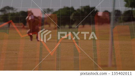 Swinging golfer hitting golf ball from tee with club on fairway, orange chart graphics and grid Swinging golfer hitting golf ball from tee with club on fairway, orange chart graphics and grid 135402011