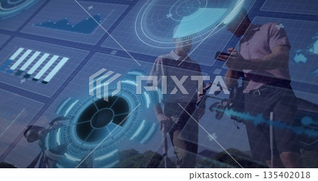 Two golfers wearing polos, shorts, holding clubs, rangefinder on fairway, with holographic displays Two golfers wearing polos, shorts, holding clubs, rangefinder on fairway, with holographic displays 135402018