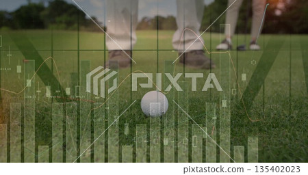 Superimposing financial charts over golf ball with clubs on putting green, blending game data 135402023