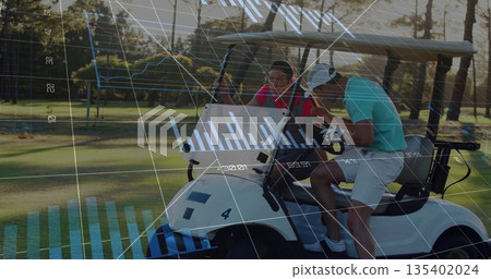 Golf partners wearing polo shirts studying digital display on cart at fairway, with clubs, overlays Golf partners wearing polo shirts studying digital display on cart at fairway, with clubs, overlays 135402024