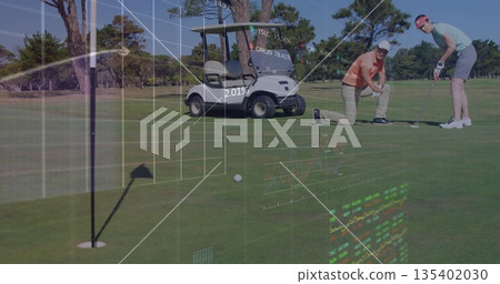 Analyzing couple lining up putt on golf course green, with golf ball and data overlays Analyzing couple lining up putt on golf course green, with golf ball and data overlays 135402030
