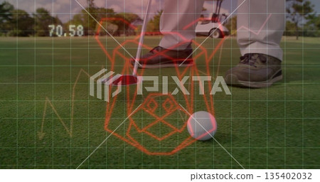Golfer in khaki trousers aligning putter with golf ball on putting green, wireframe grid overlay Golfer in khaki trousers aligning putter with golf ball on putting green, wireframe grid overlay 135402032