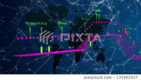 Global data view showing world map on blue interface, with magenta trends, green red candlesticks 135402037