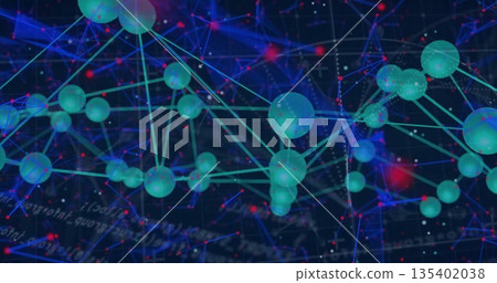 Showing green spheres, teal lines forming network in digital backdrop, with red data highlights 135402038