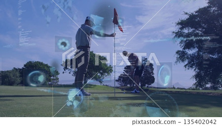 Golfers holding flagstick, lining up putt with putter on putting green in polos with data overlays Golfers holding flagstick, lining up putt with putter on putting green in polos with data overlays 135402042