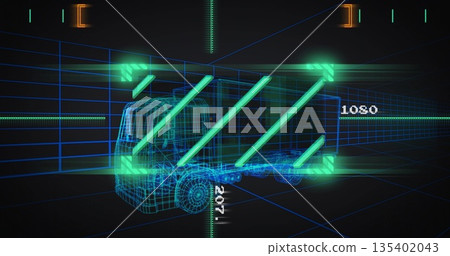 Showing wireframe semi-truck in 3D grid with scanning bars and arrows, label 1080, crosshairs Showing wireframe semi-truck in 3D grid with scanning bars and arrows, label 1080, crosshairs 135402043