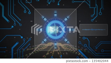 Displaying central glowing circular blue HUD interface in cyber dashboard, with golden data blocks Displaying central glowing circular blue HUD interface in cyber dashboard, with golden data blocks 135402044