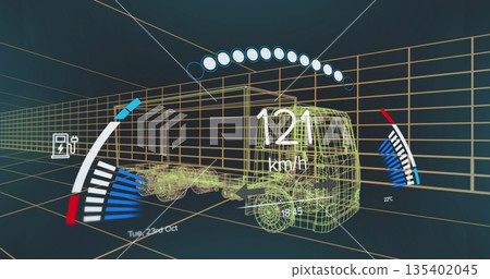 Displaying wireframe truck model over virtual grid, with speed readout fuel gauge and temp meter 135402045