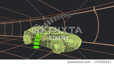 Racing neon green wireframe car through dark orange grid tunnel, with 57 MPH speed gauge Racing neon green wireframe car through dark orange grid tunnel, with 57 MPH speed gauge 135402051