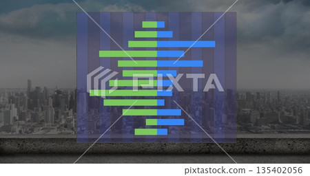 Floating panel showing chart on concrete terrace edge with green blue bars overlooking skyscrapers Floating panel showing chart on concrete terrace edge with green blue bars overlooking skyscrapers 135402056