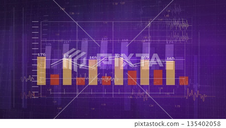 Displaying six-bar chart and line graph on data analytics interface, with waveforms and data labels Displaying six-bar chart and line graph on data analytics interface, with waveforms and data labels 135402058