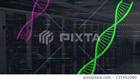 Floating neon green DNA helix streaming through data center, with LED status lights Floating neon green DNA helix streaming through data center, with LED status lights 135402060
