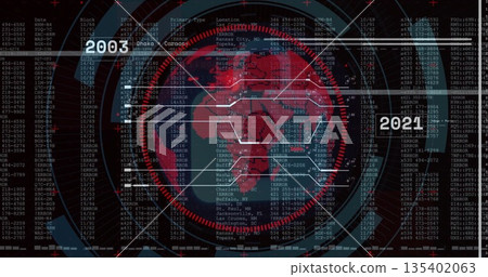 Displaying holographic red world map over grid at dashboard, with data nodes, timeline markers Displaying holographic red world map over grid at dashboard, with data nodes, timeline markers 135402063