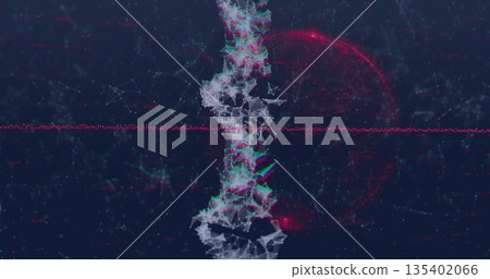 Displaying vertical node network on dark backdrop, featuring red dotted line and point-based sphere Displaying vertical node network on dark backdrop, featuring red dotted line and point-based sphere 135402066