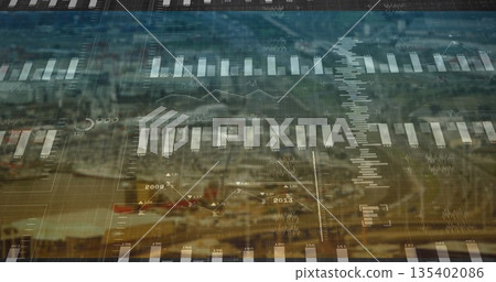 Displaying digital data overlay on city harbor skyline, with bar and line charts and numeric labels 135402086