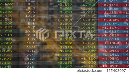 Displaying translucent digital financial panel showing colored figures in trading floor, data table Displaying translucent digital financial panel showing colored figures in trading floor, data table 135402097